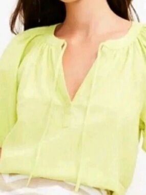 LOFT Light Lime Tie-Neck Peasant Blouse
SP   No stains or holes.  Linen blend